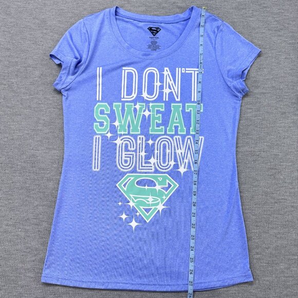 Superman Womens XL Athletic Tee Shirt "I Dont Sweat I Glow" Blue Graphic Print - Picture 9 of 11